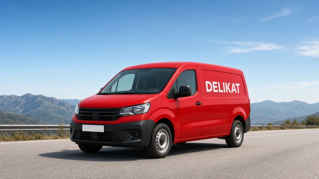Красный фургон с надписью DELIKAT